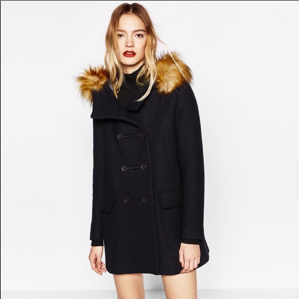 Zara Wool Duffle Coat with Faux Fur Hood black